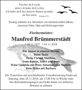 Traueranzeige von Manfred Brümmerstädt von Märkische Oderzeitung