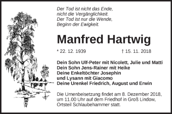 Traueranzeige von Manfred Hartwig von Märkische Oderzeitung