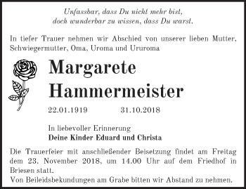 Traueranzeige von Margarete Hammermeister von Märkische Oderzeitung