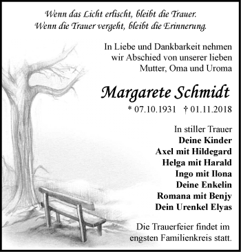 Traueranzeige von Margarete Schmidt von Märkische Oderzeitung