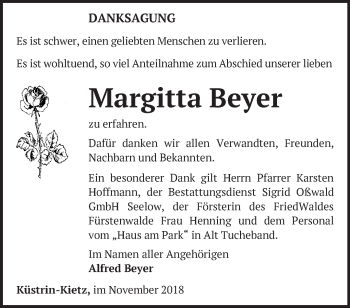 Traueranzeige von Margitta Beyer von Märkische Oderzeitung