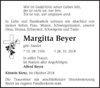 Traueranzeige von Margitta Beyer von Märkische Oderzeitung