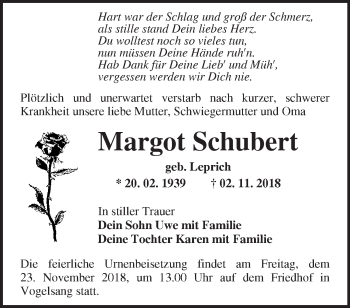 Traueranzeige von Margot Schubert von Märkische Oderzeitung