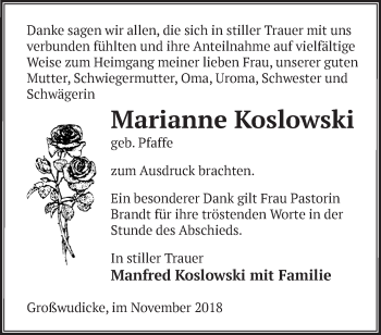 Traueranzeige von Marianne Koslowski von Märkische Oderzeitung