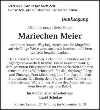 Traueranzeige von Mariechen Meier von Märkische Oderzeitung