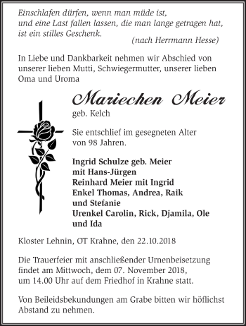 Traueranzeige von Mariechen Meier von Märkische Oderzeitung