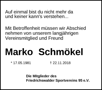 Traueranzeige von Marko Schmökel von Märkische Oderzeitung