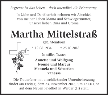 Traueranzeige von Martha Mittelstraß von Märkische Oderzeitung