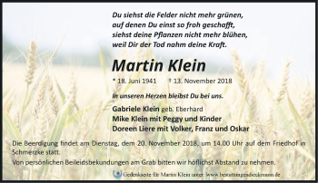 Traueranzeige von Martin Klein von Märkische Oderzeitung