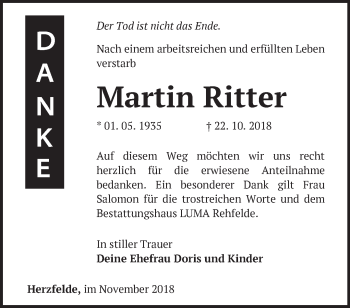 Traueranzeige von Martin Ritter von Märkische Oderzeitung