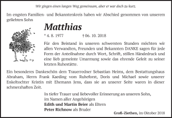 Traueranzeige von Matthias  von Märkische Oderzeitung