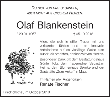 Traueranzeige von Olaf Blankenstein von Märkische Oderzeitung