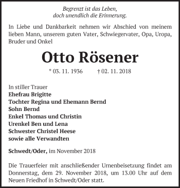 Traueranzeige von Otto Rösener von Märkische Oderzeitung