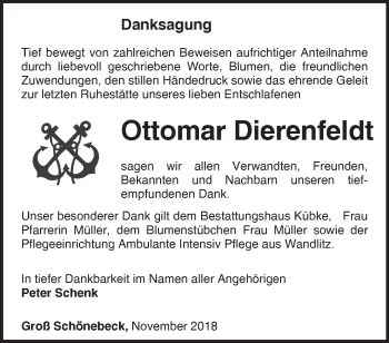 Traueranzeige von Ottomar Dierenfeldt von Märkische Oderzeitung