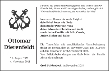 Traueranzeige von Ottomar Dierenfeldt von Märkische Oderzeitung