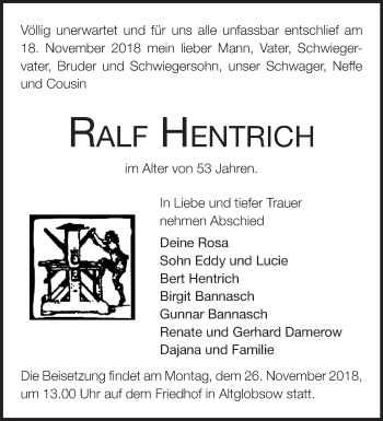 Traueranzeige von Ralf Hentrich von Märkische Oderzeitung