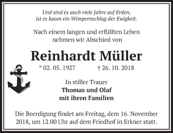 Traueranzeige von Reinhardt Müller von Märkische Oderzeitung