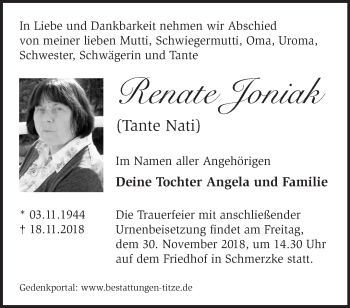 Traueranzeige von Renate Joniak von Märkische Oderzeitung