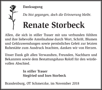 Traueranzeige von Renate Storbeck von Märkische Oderzeitung