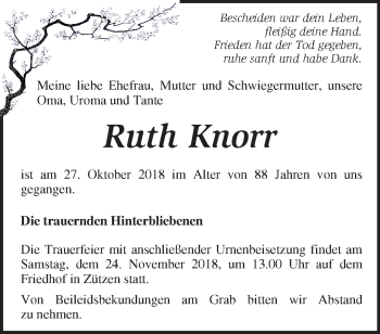 Traueranzeige von Ruth Knorr von Märkische Oderzeitung