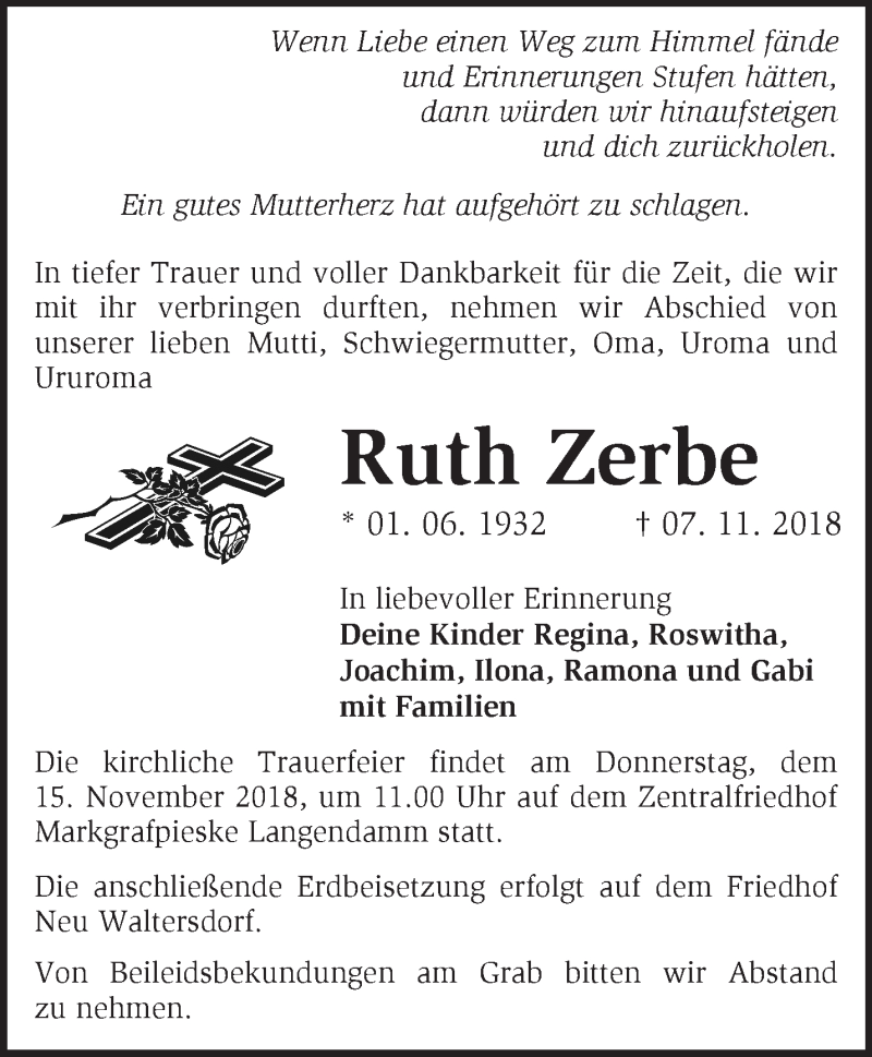  Traueranzeige für Ruth Zerbe vom 10.11.2018 aus Märkische Oderzeitung