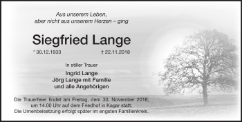 Traueranzeige von Siegfried Lange von Märkische Oderzeitung