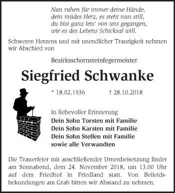 Traueranzeige von Siegfried Schwanke von Märkische Oderzeitung