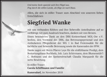 Traueranzeige von Siegfried Wanke von Märkische Oderzeitung