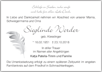 Traueranzeige von Sieglinde Werder von Märkische Oderzeitung