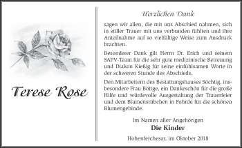 Traueranzeige von Terese Rose von Märkische Oderzeitung