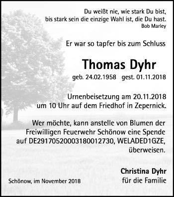 Traueranzeige von Thomas Dyhr von Märkische Oderzeitung