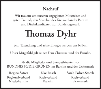 Traueranzeige von Thomas Dyhr von Märkische Oderzeitung