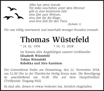 Traueranzeige von Thomas Wüstefeld von Märkische Oderzeitung