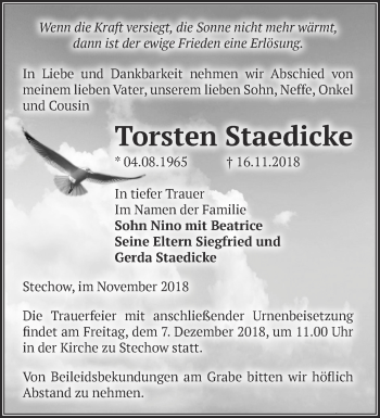 Traueranzeige von Torsten Staedicke von Märkische Oderzeitung