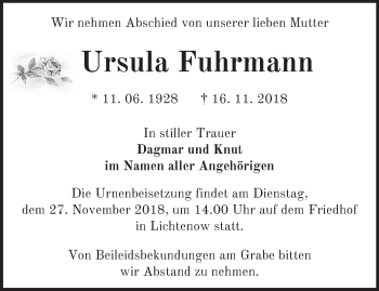 Traueranzeige von Ursula Fuhrmann von Märkische Oderzeitung