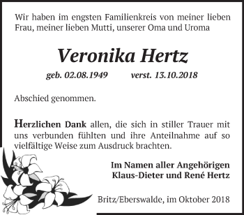 Traueranzeige von Veronika Hertz von Märkische Oderzeitung