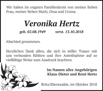 Traueranzeige von Veronika Hertz von Märkische Oderzeitung