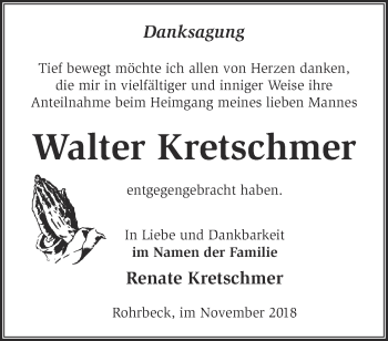 Traueranzeige von Walter Kretschmer von Märkische Oderzeitung