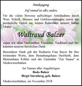 Traueranzeige von Waltraud Balzer von Märkische Oderzeitung