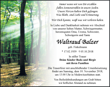 Traueranzeige von Waltraud Balzer von Märkische Oderzeitung