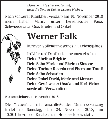 Traueranzeige von Werner Falk von Märkische Oderzeitung