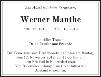 Traueranzeige von Werner Manthe von Märkische Oderzeitung