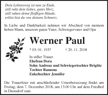 Traueranzeige von Werner Paul von Märkische Oderzeitung