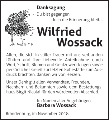 Traueranzeige von Wilfried Wossack von Märkische Oderzeitung