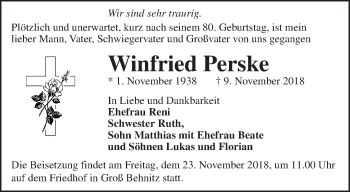 Traueranzeige von Winfried Perske von Märkische Oderzeitung