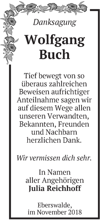 Traueranzeige von Wolfgang Buch von Märkische Oderzeitung