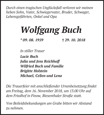 Traueranzeige von Wolfgang Buch von Märkische Oderzeitung