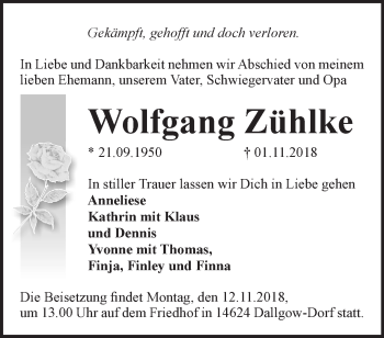 Traueranzeige von Wolfgang Zühlke von Märkische Oderzeitung