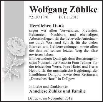 Traueranzeige von Wolfgang Zühlke von Märkische Oderzeitung