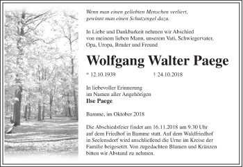 Traueranzeige von Wolfgang Walter Paege von Märkische Oderzeitung